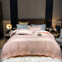HKM-671955 Home Washed Silk 4-Piece Bedding Set in Solid Colors - Includes Quilt Cover, Bed Sheets, and Pillowcases