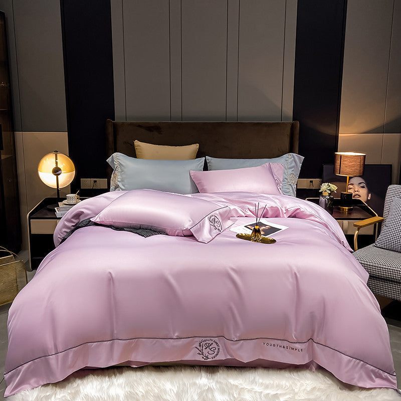 HKM-671955 Home Washed Silk 4-Piece Bedding Set in Solid Colors - Includes Quilt Cover, Bed Sheets, and Pillowcases