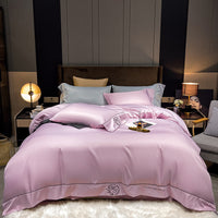 HKM-671955 Home Washed Silk 4-Piece Bedding Set in Solid Colors - Includes Quilt Cover, Bed Sheets, and Pillowcases