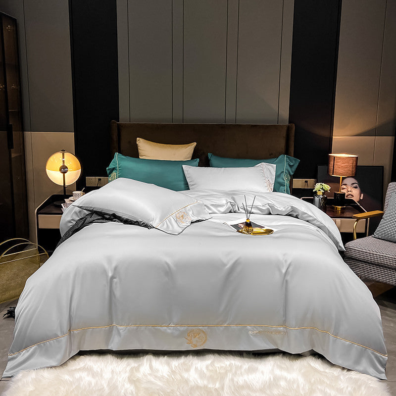 HKM-671955 Home Washed Silk 4-Piece Bedding Set in Solid Colors - Includes Quilt Cover, Bed Sheets, and Pillowcases