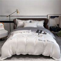HKM-671955 Home Washed Silk 4-Piece Bedding Set in Solid Colors - Includes Quilt Cover, Bed Sheets, and Pillowcases