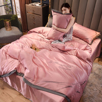 HKM-671955 Home Washed Silk 4-Piece Bedding Set in Solid Colors - Includes Quilt Cover, Bed Sheets, and Pillowcases