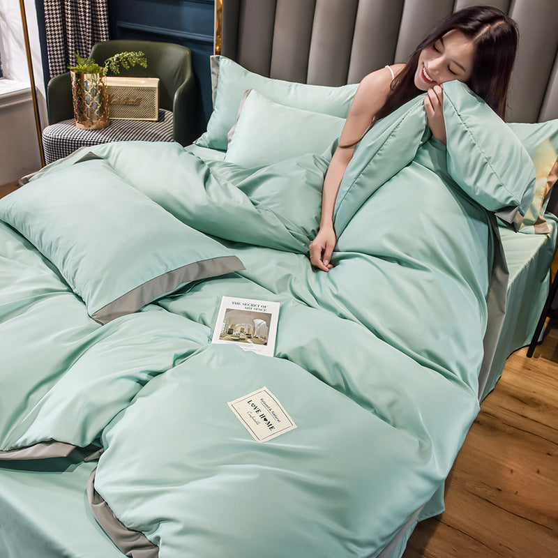 HKM-671955 Home Washed Silk 4-Piece Bedding Set in Solid Colors - Includes Quilt Cover, Bed Sheets, and Pillowcases