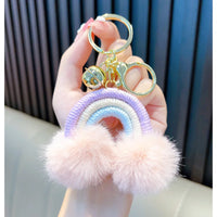 HKM-671955 Rainbow Fur Ball Cartoon Keychain for Bags and Cars - Plush Keychain Pendant for All Ages