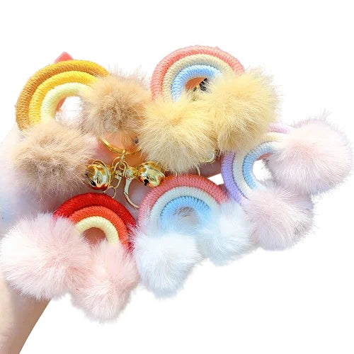 KTX-671955 Rainbow Fur Ball Cartoon Keychain for Bags and Cars - Plush Keychain Pendant for All Ages