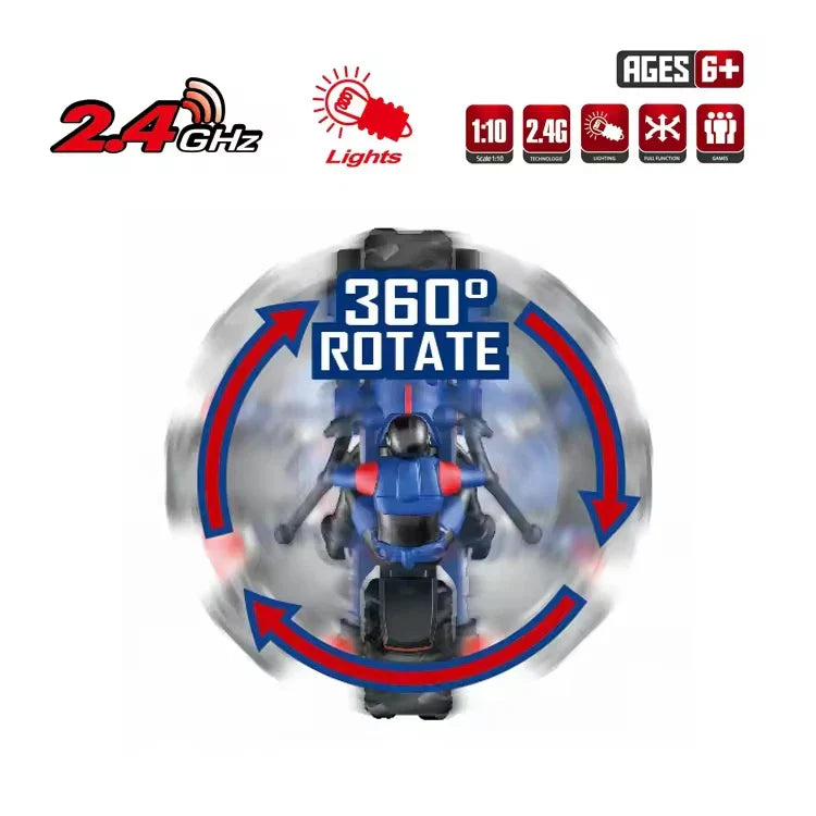 HKM-672083 Remote Control Stunt Drift Motorcycles for Kids, 1/10 Scale, Ages 2-13, ABS Plastic