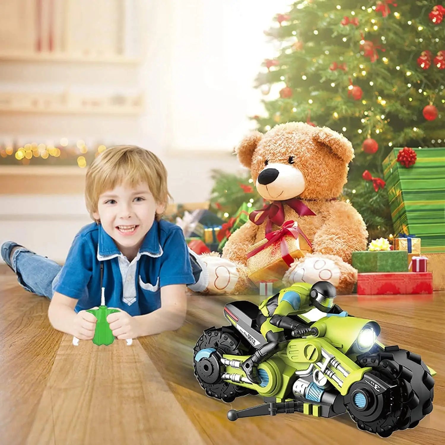 HKM-672083 Remote Control Stunt Drift Motorcycles for Kids, 1/10 Scale, Ages 2-13, ABS Plastic