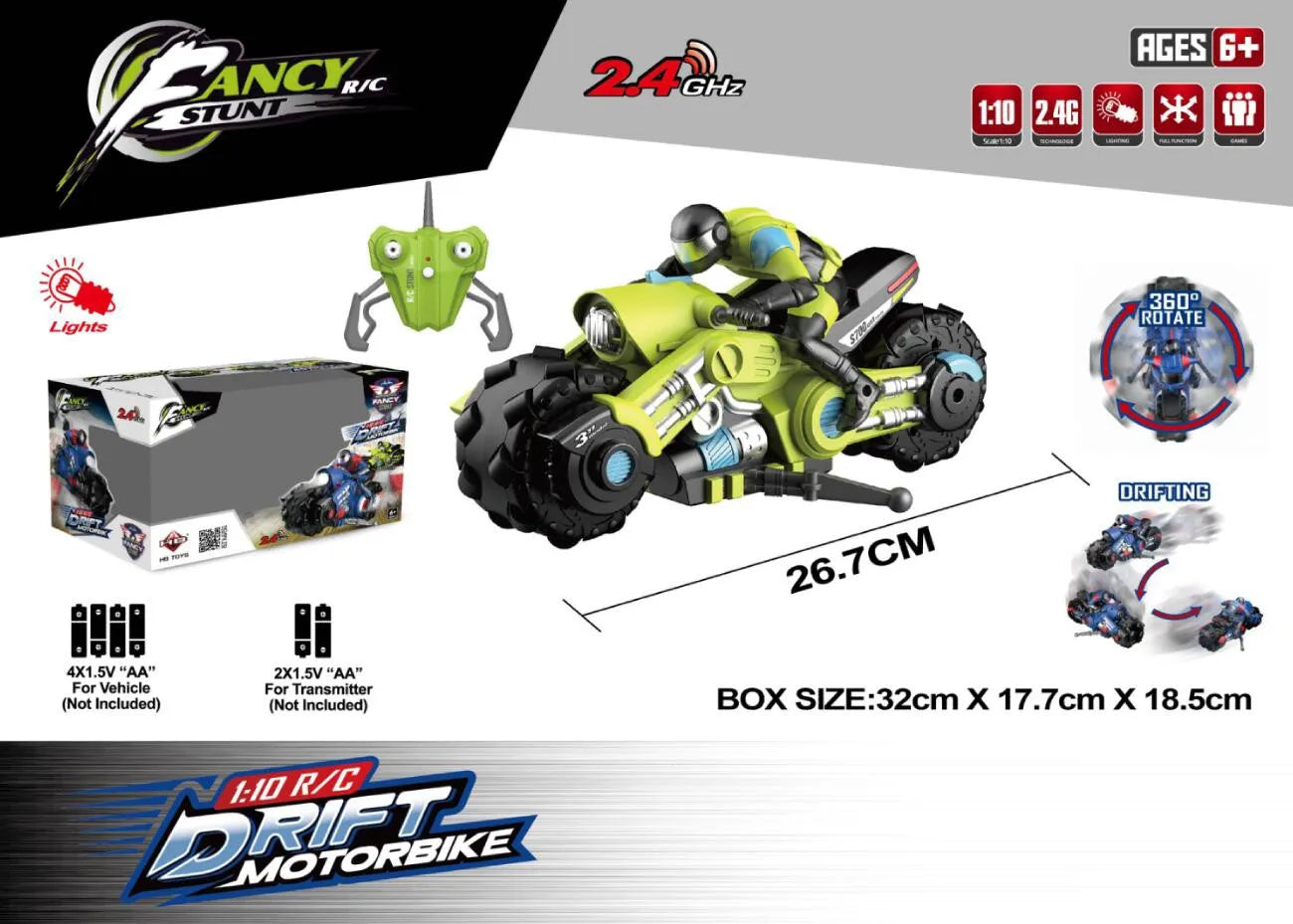 HKM-672083 Remote Control Stunt Drift Motorcycles for Kids, 1/10 Scale, Ages 2-13, ABS Plastic