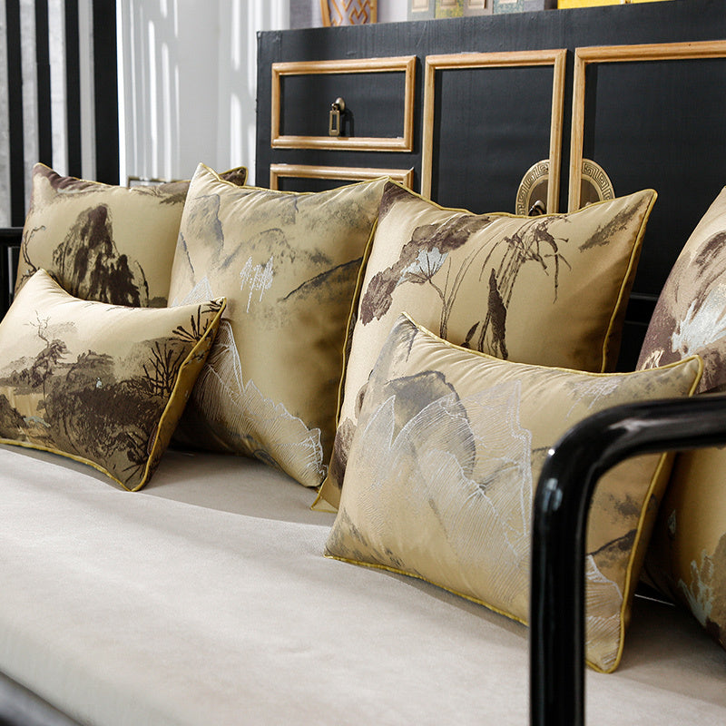 HKM-673235 Landscape Lotus Leaf Silk and Satin Waist Pillow - Chinese Style Cushion with 3D High Elastic Fiber Core