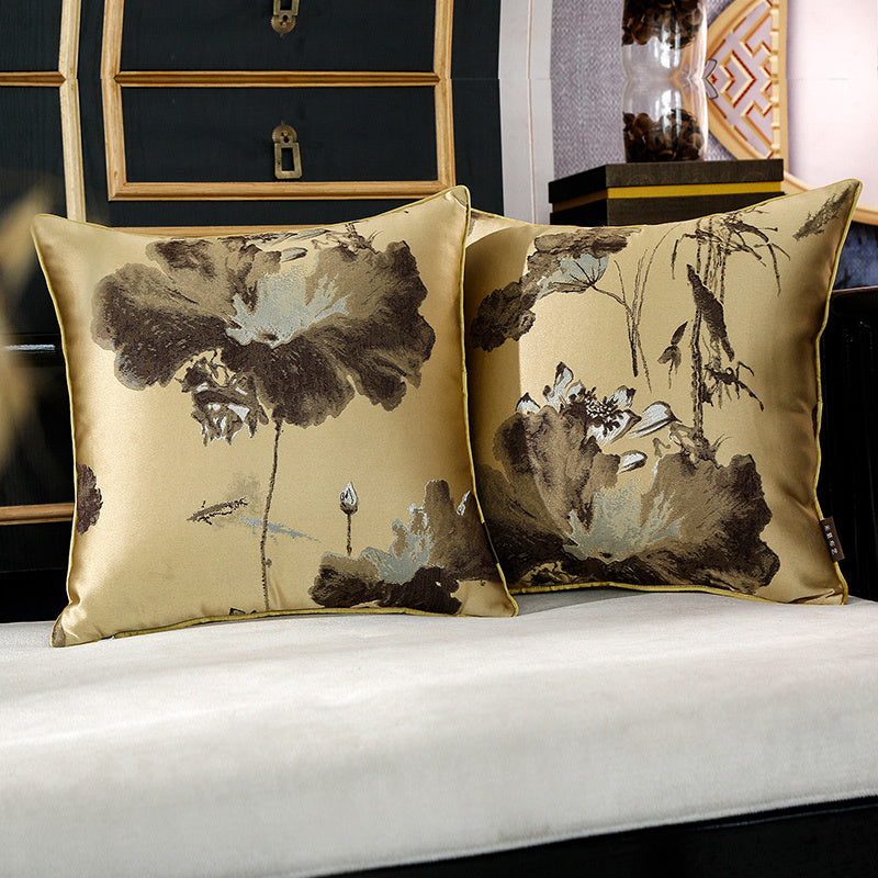 HKM-673235 Landscape Lotus Leaf Silk and Satin Waist Pillow - Chinese Style Cushion with 3D High Elastic Fiber Core