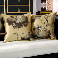 HKM-673235 Landscape Lotus Leaf Silk and Satin Waist Pillow - Chinese Style Cushion with 3D High Elastic Fiber Core