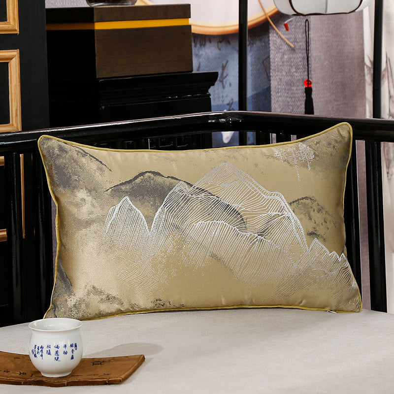 HKM-673235 Landscape Lotus Leaf Silk and Satin Waist Pillow - Chinese Style Cushion with 3D High Elastic Fiber Core
