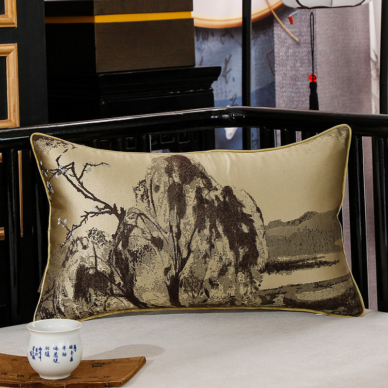 HKM-673235 Landscape Lotus Leaf Silk and Satin Waist Pillow - Chinese Style Cushion with 3D High Elastic Fiber Core
