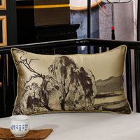 HKM-673235 Landscape Lotus Leaf Silk and Satin Waist Pillow - Chinese Style Cushion with 3D High Elastic Fiber Core