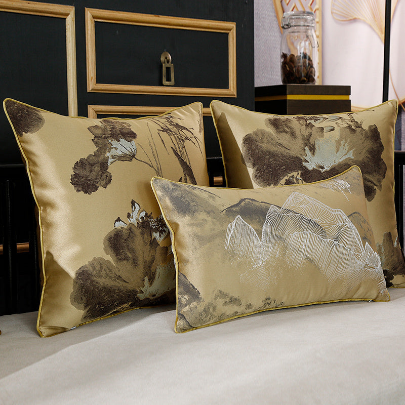 HKM-673235 Landscape Lotus Leaf Silk and Satin Waist Pillow - Chinese Style Cushion with 3D High Elastic Fiber Core