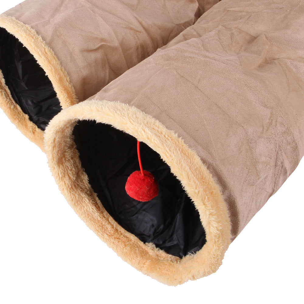 HKM-673427 Khaki and Gray Suede Cat Tunnel for Interactive Play and Exploration