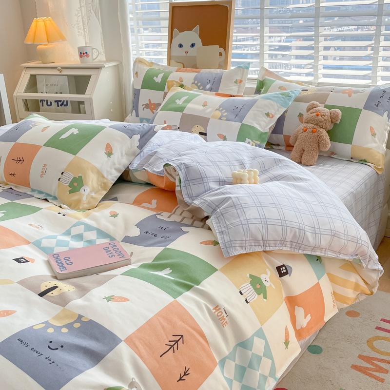 HKM-673427 Pure Cotton Four-Piece Sheet Set with Stripe, Geometric, and Cartoon Patterns