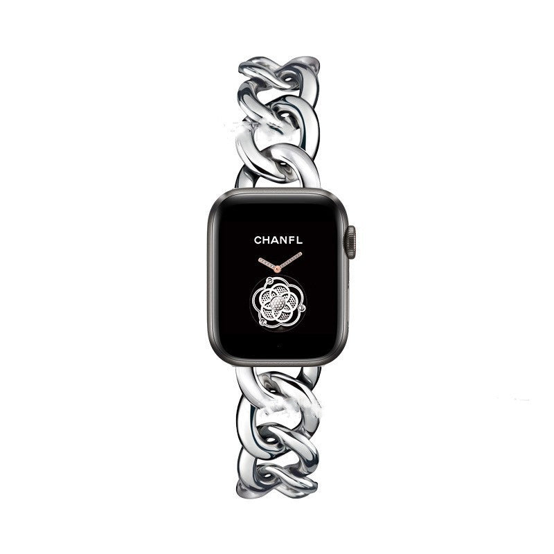 HKM-673939 Metal Single Row Denim Chain Strap for Apple-Compatible Devices - Multiple Colors Available