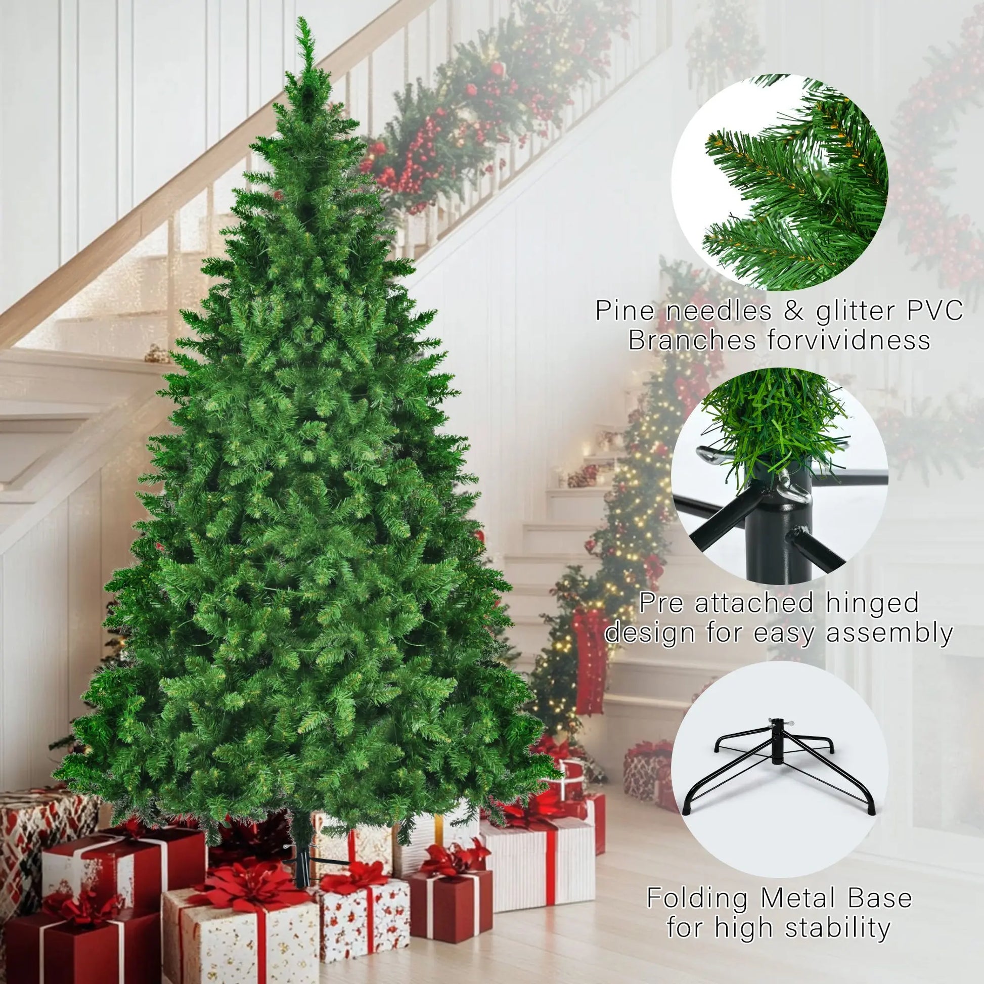 KTX-675027 Pre-Lit Hinged Christmas Tree Set - 8FT, 6FT, 4FT Pine Trees with 820 Warm Yellow LED Lights