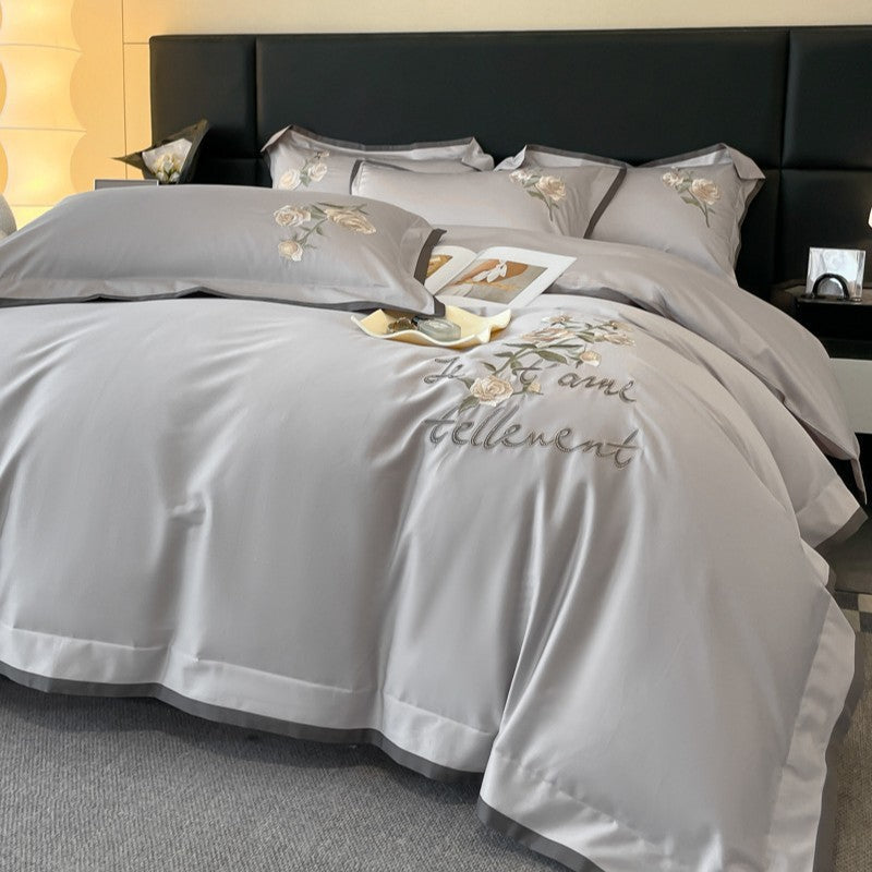 HKM-675411 Luxury Cotton Four-Piece Bedding Set in Solid Colors for 1.5m and 1.8m Beds