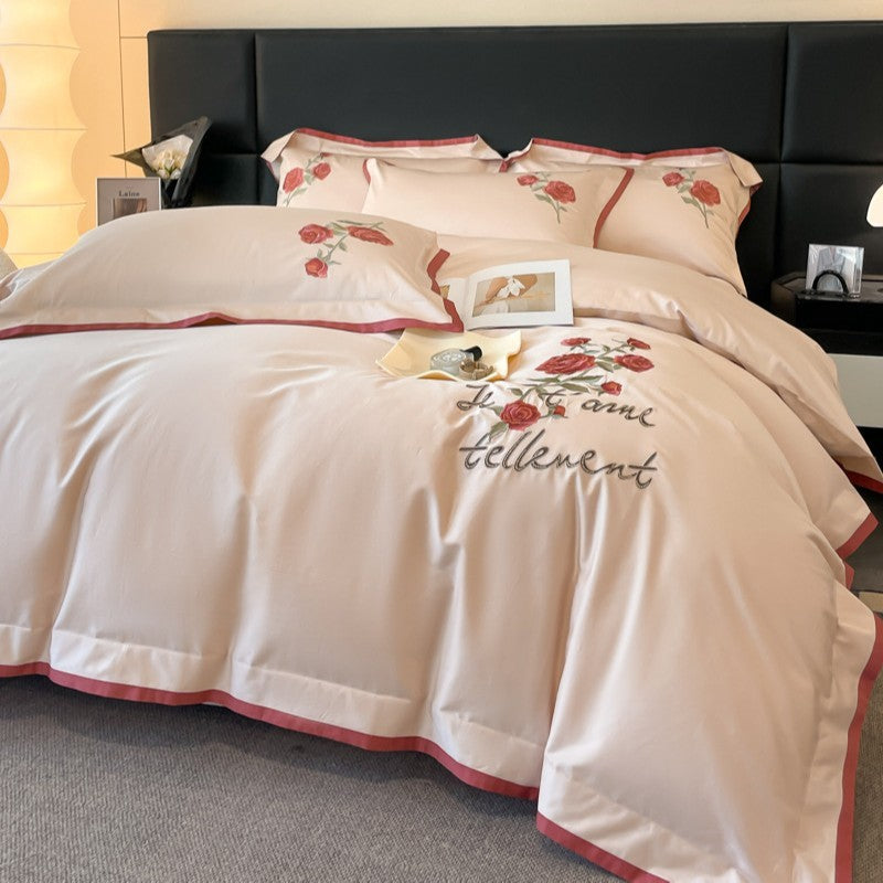 HKM-675411 Luxury Cotton Four-Piece Bedding Set in Solid Colors for 1.5m and 1.8m Beds