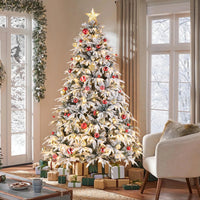 HKM-675859 7ft Green Flocking Christmas Tree with 450 Warm LED Lights and 1687 Branches, 8 Modes, Easy Assembly