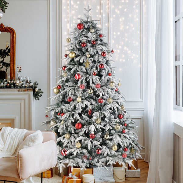 HKM-675859 7ft Green Flocking Christmas Tree with 450 Warm LED Lights and 1687 Branches, 8 Modes, Easy Assembly