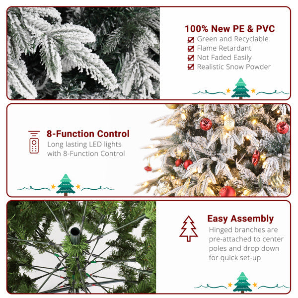 HKM-675859 7ft Green Flocking Christmas Tree with 450 Warm LED Lights and 1687 Branches, 8 Modes, Easy Assembly