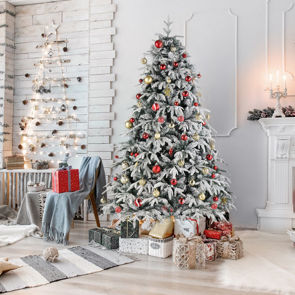 HKM-675859 7ft Green Flocking Christmas Tree with 450 Warm LED Lights and 1687 Branches, 8 Modes, Easy Assembly