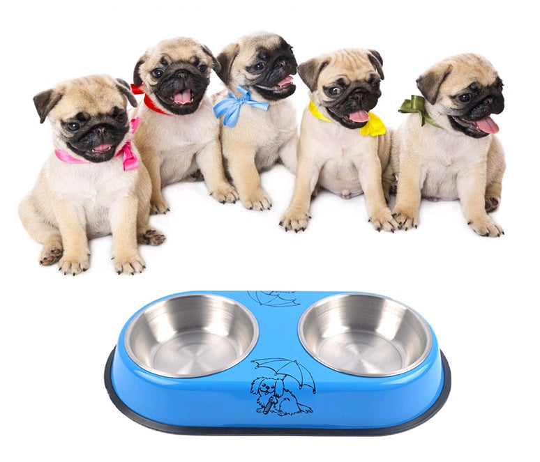 HKM-675923 Stainless Steel Detachable Double Dog Bowl with Random Color Accent