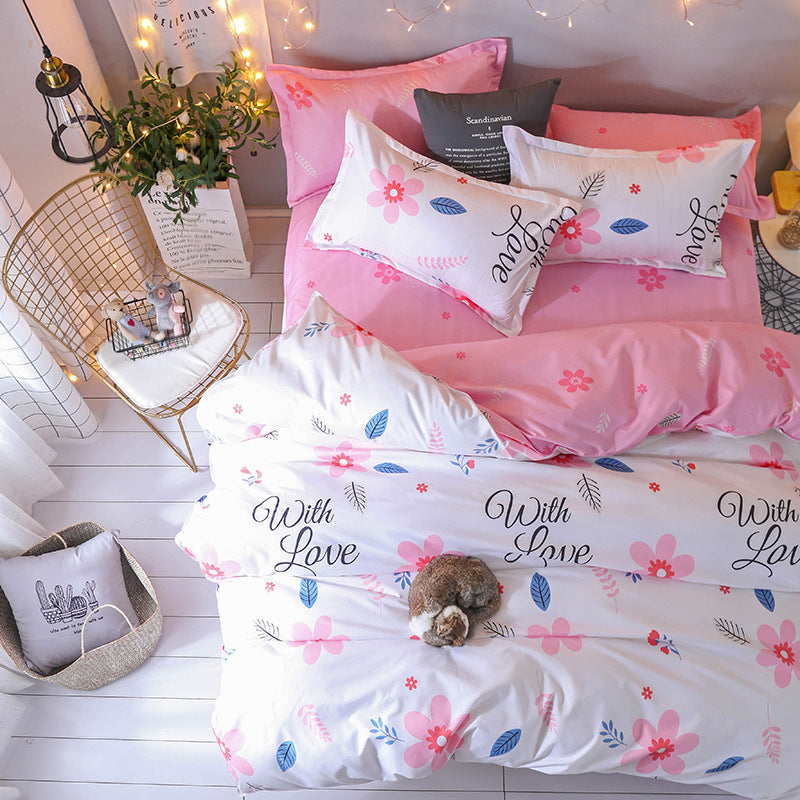 HKM-676563 Four-Piece Modern Cotton Bedding Set with Floral Design for 1.5m Bed