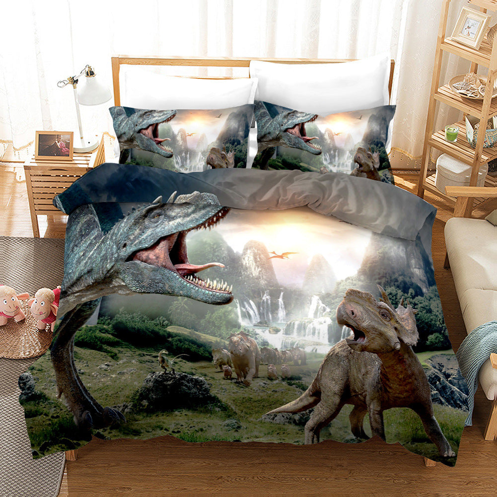 HKM-676883 Dinosaur 3D Cartoon Anime Three-Piece Bedding Set - Duvet Cover and Pillowcases