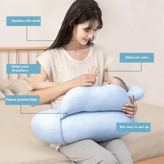 HKM-679827 Blue Bamboo Fiber Breastfeeding Pillow with Guardrail for Infants 1-3 Years