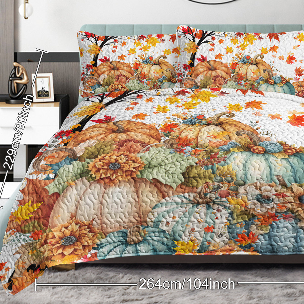 HKM-680019 Colorful Pumpkin Pattern Quilt Set with Pillow Shams - Twin, Full, Queen, King Sizes, All Season Use
