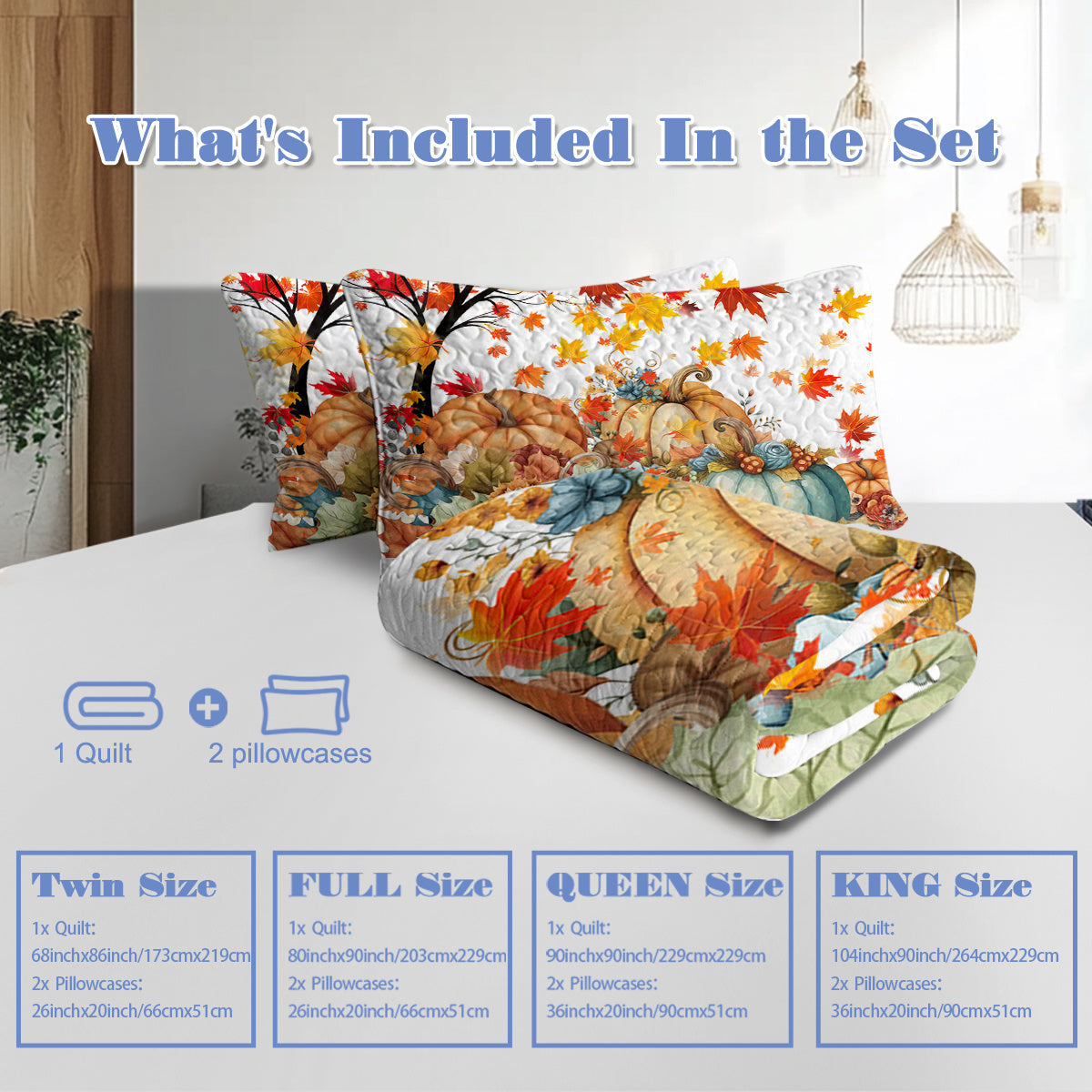HKM-680019 Colorful Pumpkin Pattern Quilt Set with Pillow Shams - Twin, Full, Queen, King Sizes, All Season Use