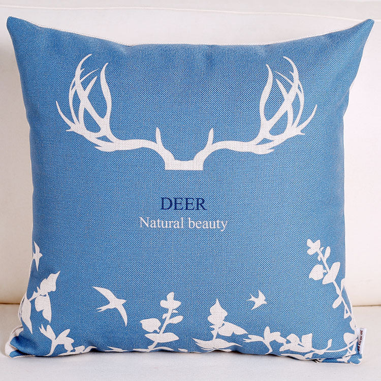 HKM-680083 Retro Style Blue Elk Cotton and Linen Pillowcase - Square 45x45cm and Waist 30x50cm