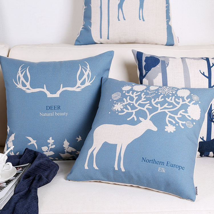 HKM-680083 Retro Style Blue Elk Cotton and Linen Pillowcase - Square 45x45cm and Waist 30x50cm