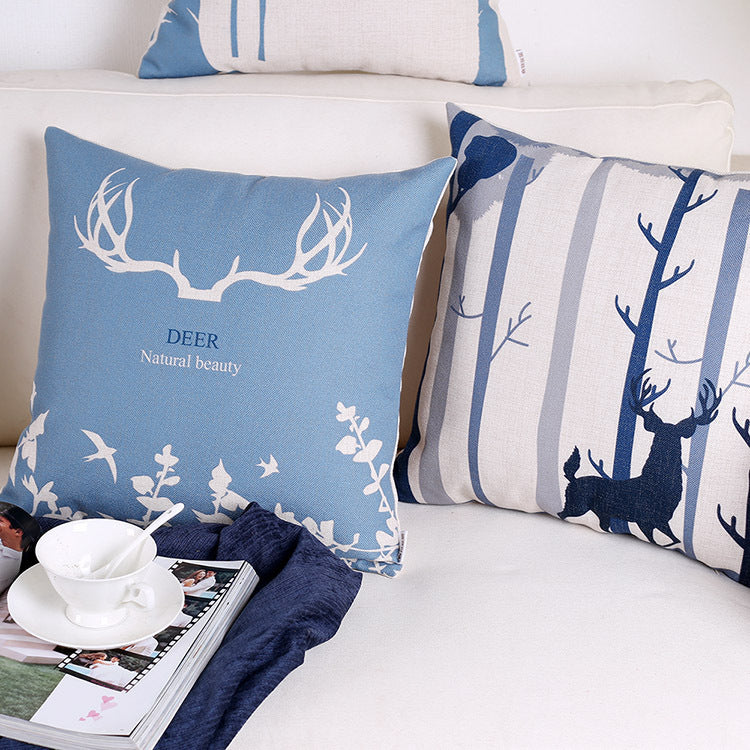 HKM-680083 Retro Style Blue Elk Cotton and Linen Pillowcase - Square 45x45cm and Waist 30x50cm