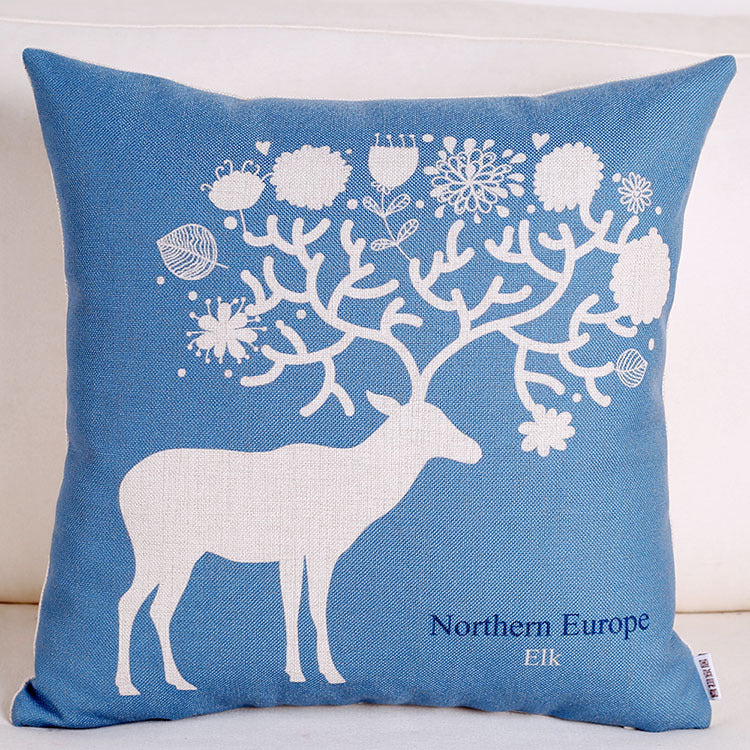 HKM-680083 Retro Style Blue Elk Cotton and Linen Pillowcase - Square 45x45cm and Waist 30x50cm