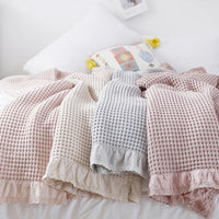 HKM-680339 Waffle Towel Quilt Blanket - Soft Cotton Sofa Throw in Pink, Dark Pink, Grey, Beige