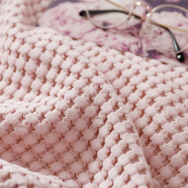 HKM-680339 Waffle Towel Quilt Blanket - Soft Cotton Sofa Throw in Pink, Dark Pink, Grey, Beige