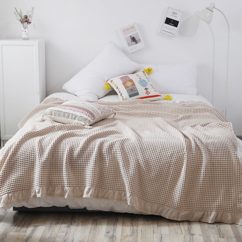 HKM-680339 Waffle Towel Quilt Blanket - Soft Cotton Sofa Throw in Pink, Dark Pink, Grey, Beige