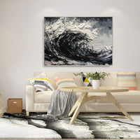 HKM-681107 Hand-Painted Black and White Abstract Oil Painting on Canvas for Modern Living Room Décor