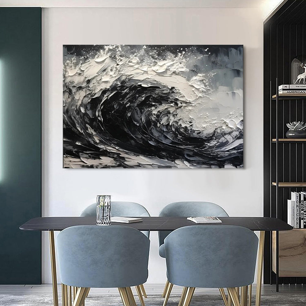 HKM-681107 Hand-Painted Black and White Abstract Oil Painting on Canvas for Modern Living Room Décor