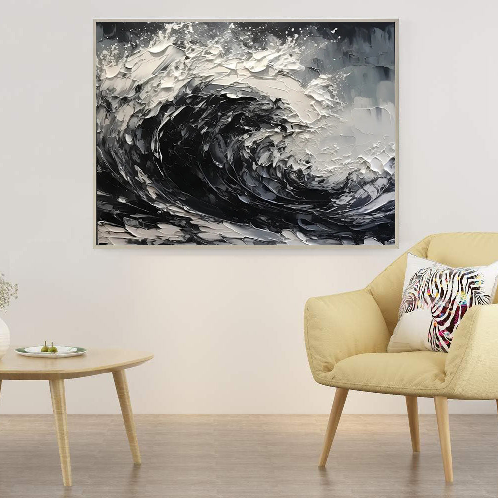 HKM-681107 Hand-Painted Black and White Abstract Oil Painting on Canvas for Modern Living Room Décor
