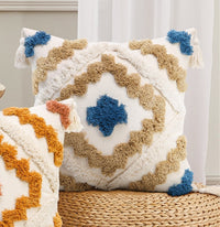 HKM-681235 Colorful Geometric Tufted Tassel Pillow Cover, 45x45CM Cotton Cushion Case in Brown and Blue