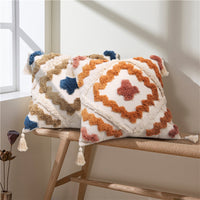 HKM-681235 Colorful Geometric Tufted Tassel Pillow Cover, 45x45CM Cotton Cushion Case in Brown and Blue