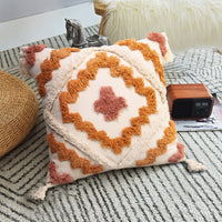 HKM-681235 Colorful Geometric Tufted Tassel Pillow Cover, 45x45CM Cotton Cushion Case in Brown and Blue