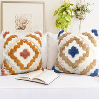 HKM-681235 Colorful Geometric Tufted Tassel Pillow Cover, 45x45CM Cotton Cushion Case in Brown and Blue