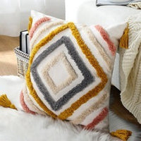 HKM-681235 Colorful Geometric Tufted Tassel Pillow Cover, 45x45CM Cotton Cushion Case in Brown and Blue